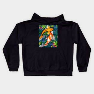 Best fishing gifts for fish lovers 2022. Koi fish pair couple swimming in koi pond with plants and flowers Kids Hoodie